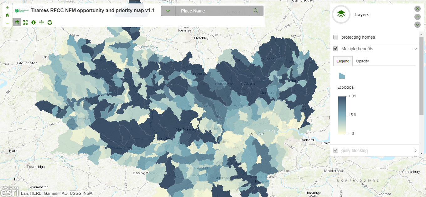 Waterbody catchments by amount of flood management opportunity